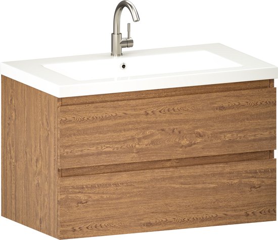 Mirlux Badkamermeubel Warm Eiken 80 cm - Wastafel Wit - Badmeubel set - Wastafelmeubel Warm Eiken