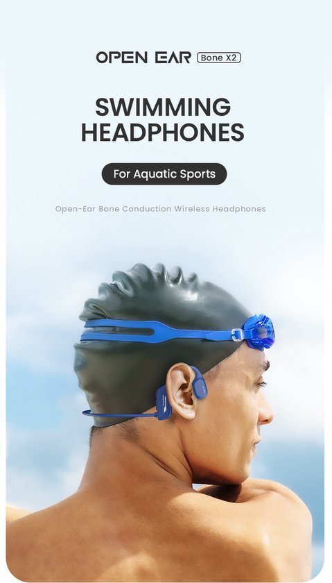OPENAIR Bone x2 - Waterdichte Zwem Koptelefoon met MP3 Speler 32GB & Bluetooth 5.2 – Bone Conduction Sport Hoofdtelefoon – IPX8 Waterproof – Draadloze Zwem Headset voor Zwemmen, Hardlopen & Fitness