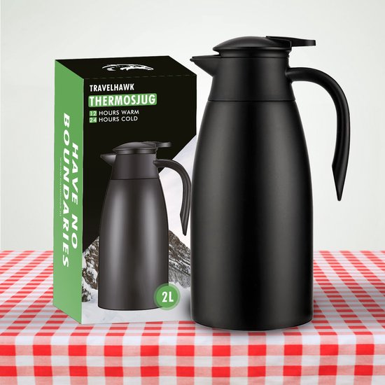 Travelhawk Thermoskan - 2 Liter - Isoleerkan - Zwart - Koffie - Thee - Voor warme en koude dranken