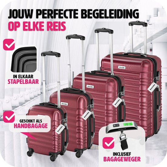 tectake® - 4-delige kofferset met harde schaal - Reiskofferset met wielen - ABS - Telescopisch handvat en slot - Inclusief bagageweger - Trolleymaten S-M-L-XL - Rood