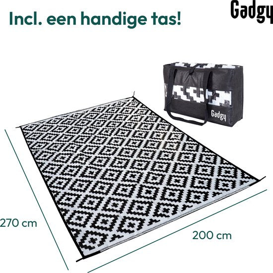 Gadgy Buitenkleed Vloerkleed Buiten XXL - 270x200 cm - Tuintapijt Dubbelzijdig - Picknickkleed Zwart Wit - Buitentapijt