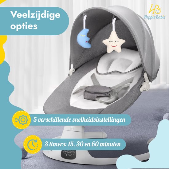 HeppieBabie Elektrische Wipstoel - Muziek en Swing Opties - 5 Punts Gordel - Babyschommel- Schommelstoel - Baby Swing - Met Ebook