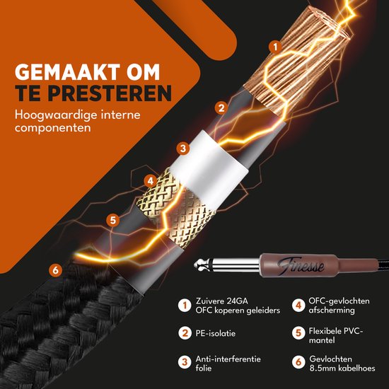 Finesse Gitaarkabel PRO - 300 cm - Jack 6.35mm - Audio Kabel - Instrumentkabel - Gitaar Kabel