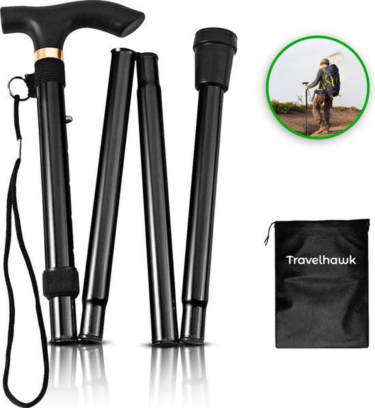 Travelhawk Wandelstok - Verstelbaar en Opvouwbaar - Zwart - Incl. Opbergtas - loopstok Ouderen