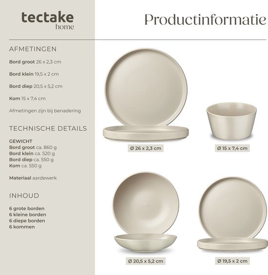 tectake® Serviesset Una - 24-delig - Aardewerk - 6 Persoons - Stijlvol en Duurzaam Servies - Bordenset met Grote en Kleine Borden, Kommen, Schaaltjes - Taupe