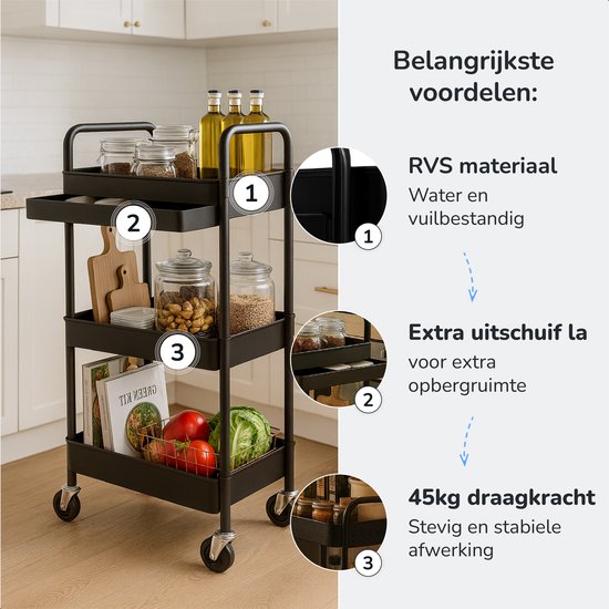 Keuken trolley met lade op Wieltjes - 3 laags - Keukenrek - Serveerwagen - Kastje - Karretje - Opberg - Douche kastjes staand - Rekje - Zwart - Luft