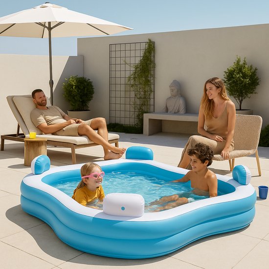 Creative Kids - Vierkant Familiezwembad - Opblaasbaar - 4 Loungestoelen - 183 x 183 x 51 cm - Drankjeshouders - Hoofdsteunen