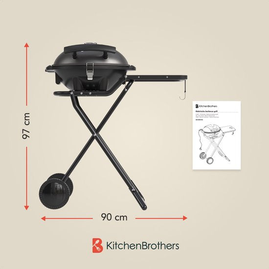 KitchenBrothers Elektrische BBQ - Opvouwbaar - Barbecue met Wielen - Anti-aanbaklaag - Zijtafel - tot 250°C - 2400W - Zwart