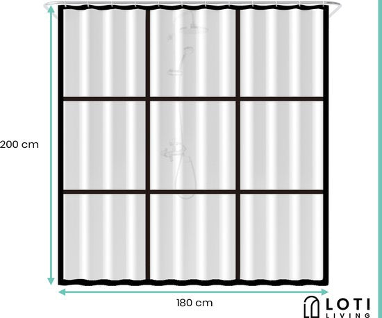 Loti Living Douchegordijn Anti Schimmel – Mat Transparant Zwart - Inclusief ringen – Waterdicht - PEVA - Douchegordijn 180x200 cm