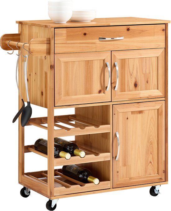 SoBuy Keukentrolley met Lades en Wijnrek, Keukenmeubel op Wieltjes met Werkblad, Compact Kookeiland, Natuurlijke kleur, 66×38×86 cm - FKW45-N