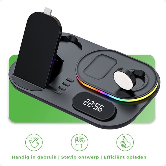 iSetchi Draadloze Qi Oplader 15 Watt Snellader (4-in-1) - Met Quick Charge 3.0 adapter, LED Klok & LED Lamp - Qi Oplaadstation