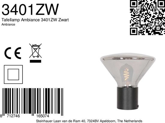 Tafellamp Ambiance 3401ZW Zwart, 25 cm hoog, 26 cm diameter, van elektronica, glas en metaal, Steinhauer, Eigentijds design voor binnengebruik
