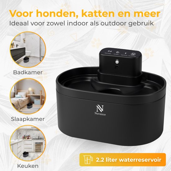 Nuvance Drinkfontein Kat - 2.2L Waterfontein - met Sensor - Incl. Filter - Stille Kattenfontein Automatisch - Draadloos