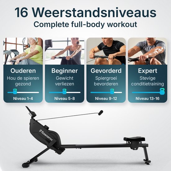 Flowsense Roeiapparaat - Roeimachine - Geluidsstil - Magnetische Roeitrainer Fitness - Rowing Machine 16 Weerstandniveaus - LCD Monitor