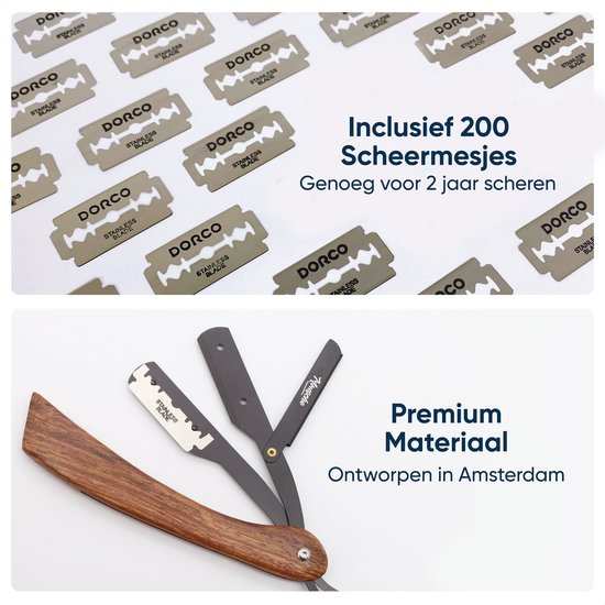 Barbiersmes met 200 Scheermesjes - Klassiek Open Scheermes - Barber Mes - Shavette - Straight Razor - Klapmes - Nekmes - Kappersmes