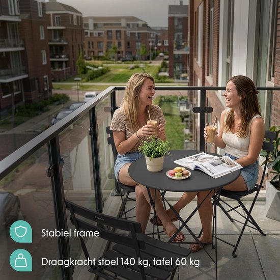 LifeGoods Bistroset - Staal - 3-delig - Tuinset - Inklapbaar - Balkonset met Tafel - Weerbestendig - Donkergrijs