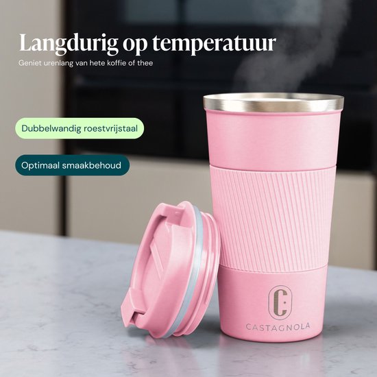 Castagnola Thermosbeker - Koffiebeker To Go - Travel Mug voor Koffie en Thee - Theebeker - 510 ML - RVS - Roze