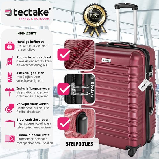tectake® - 4-delige kofferset met harde schaal - Reiskofferset met wielen - ABS - Telescopisch handvat en slot - Inclusief bagageweger - Trolleymaten S-M-L-XL - Rood