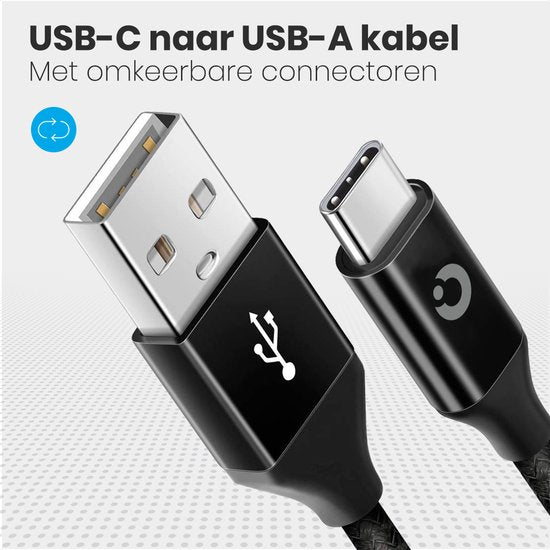 Auronic USB-C kabel - 2M - 2.4A - USB C naar USB-A - Gevlochten Nylon - Zwart