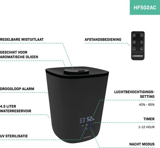 VONROC Luchtbevochtiger 4,5 liter - ultrasoon - UV-sterilisatie - 360° mistuitlaat - Incl. afstandsbediening