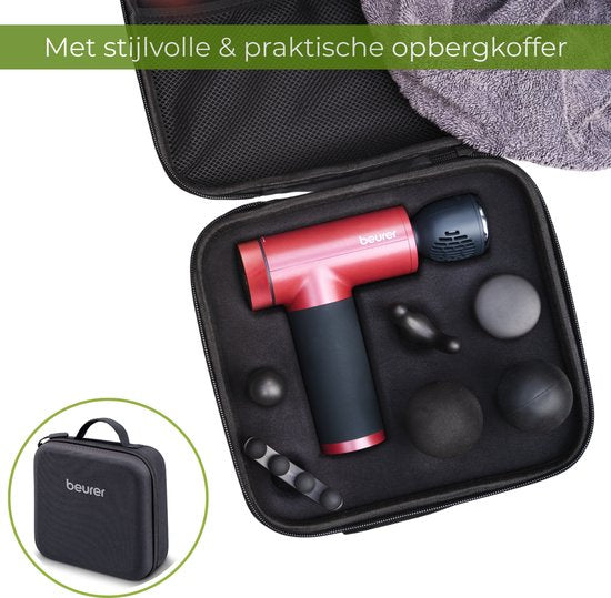 Beurer MG 195 HOT & COLD Limited Edition 25 Massage Gun - Verwarmt & koelt spieren - Incl. 7 opzetstukken - 9 Intensiteitsniveaus - Krachtige accu - Draadloos gebruik - 3 Jaar garantie - Bordeaux/zwart