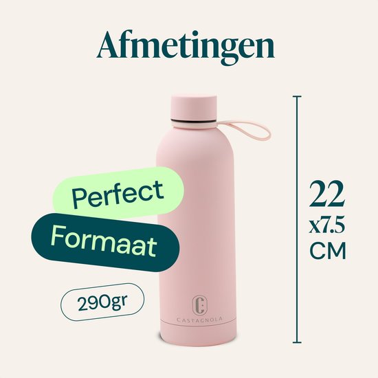 Castagnola Waterfles - RVS Drinkfles 500 ML - Stalen Thermosfles - Drinkflessen voor Volwassenen - Dubbelwandig - Lichtroze
