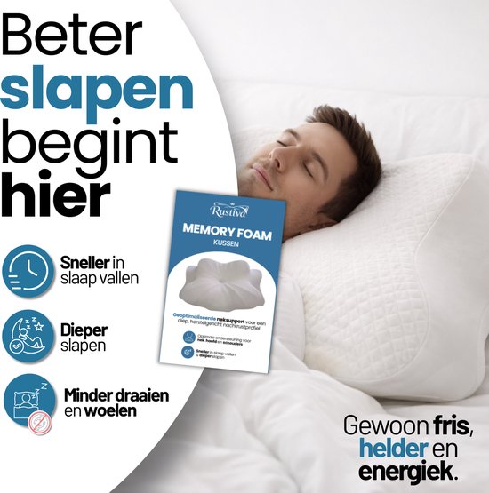 Rustiva® - Orthopedisch Vlinderkussen tegen Nekklachten - Apneu Slaapkussen – Ergonomisch Hoofdkussen van Verkoelend Traagschuim - Memory Foam voor Rug-, Zij- en Buikslapers – Ademvrij – 2 Hoogtes – Wit – NL Handleiding - Comfortniveau Medium zacht