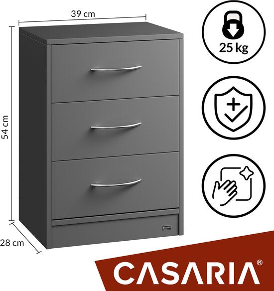 Casaria Nachtkastje Eloise – 3 Laden 54x39x28cm – Antraciet