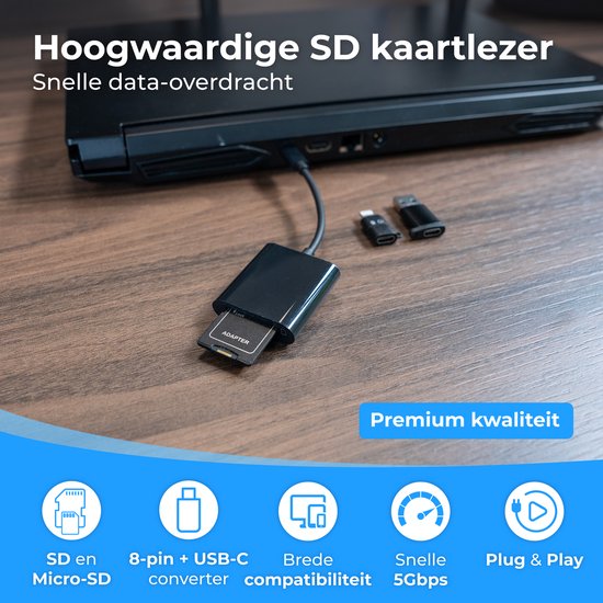 Nuvance SD Kaart Lezer - SD Kaartlezer USB C - Card Reader - Incl. Usb & 8-Pin Converters - Geheugenkaartlezer Micro SD - Zwart