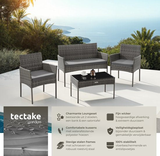 tectake® - Wicker tuinset Palese - Zitgroep voor 4 personen - Tuinmeubelset met loungebank, tuintafel en 2 tuinstoelen inclusief zitkussens - Tuinmeubelen - Waterafstotend - Grijs