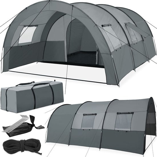 tectake® - Tunneltent voor 6 personen - Familietent op stahoogte - Voortent - Campingtent grote slaapcabine met grondzeil - 4 ramen, waterafstotend, 480 x 350 x 195 cm, donkergrijs/lichtgrijs