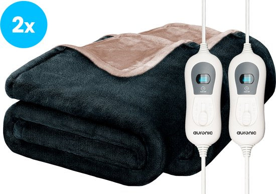 Auronic Elektrische Deken - Duo Pack - Warmtedeken - 1 Persoons - 3 Warmtestanden - 160x120cm - Antraciet
