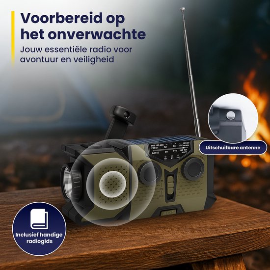 ODESSEY Noodradio Solar Opwindbaar - 2000 mAh Powerbank - Zaklamp - Draagbare Radio - Noodpakket