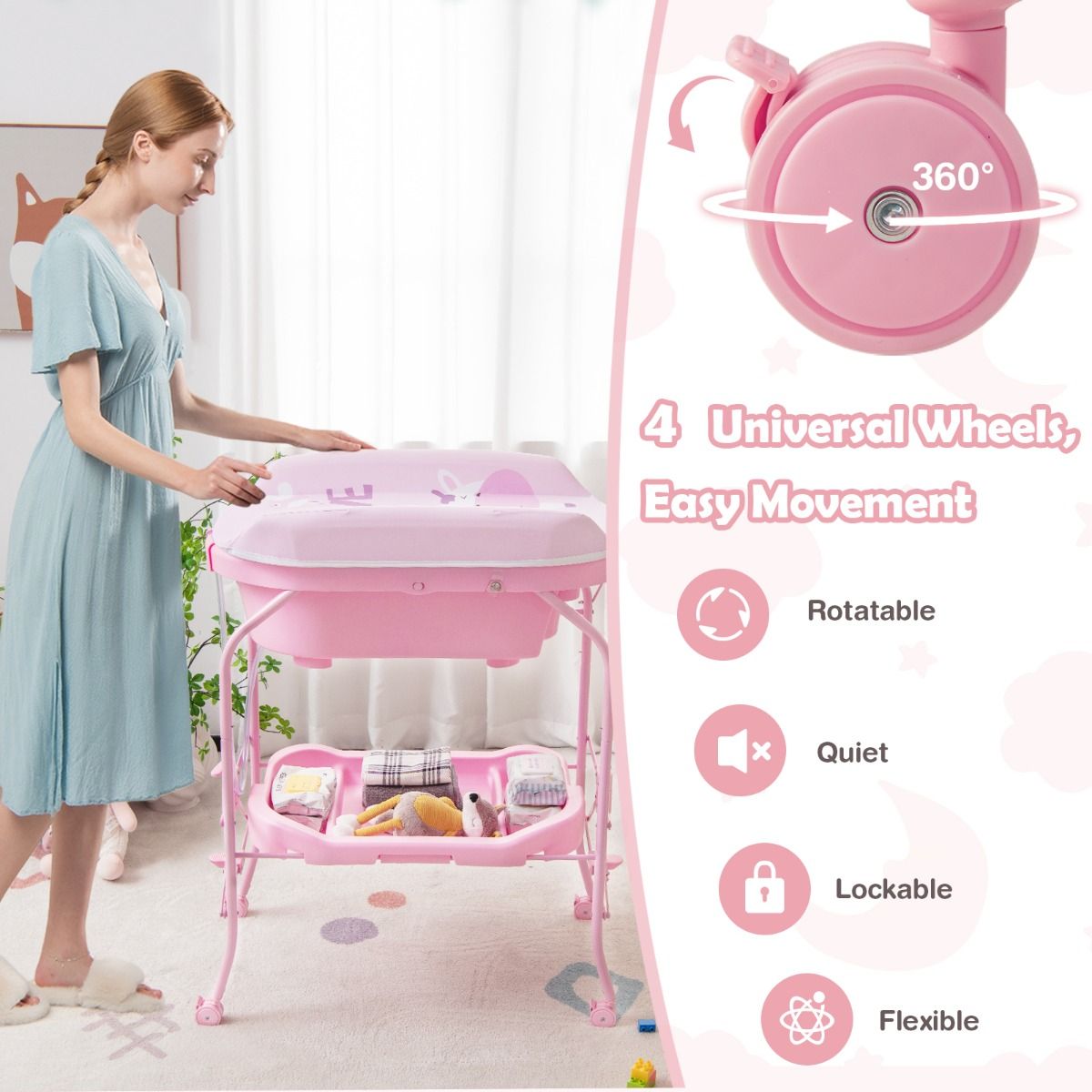 Coast 4-in-1 Opvouwbare Verschoontafel met Bad en Wielen - Roze - 86 x 50 x 100 cm