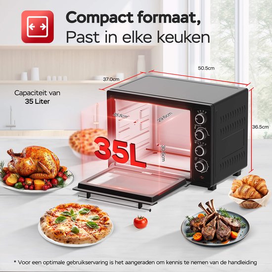 TurboTronic EV35 Vrijstaande oven 35L - Mini oven - Elektrische Oven - Zwart