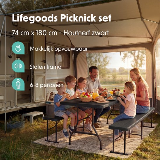 LifeGoods Inklapbare Picknickset – Voorzien Van Zwarte Houtnerf Look En Kofferontwerp En 2 Banken – Voor Tuin En Camping – Zwart HDPE En Staal – 180 x 74 cm