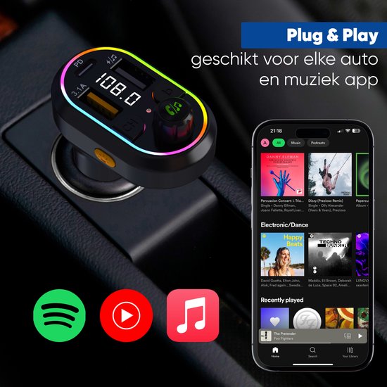 Serve Bluetooth Receiver Auto - FM Transmitter - 25W Supersnel Opladen - Carkit - Autolader USB-C Snellader