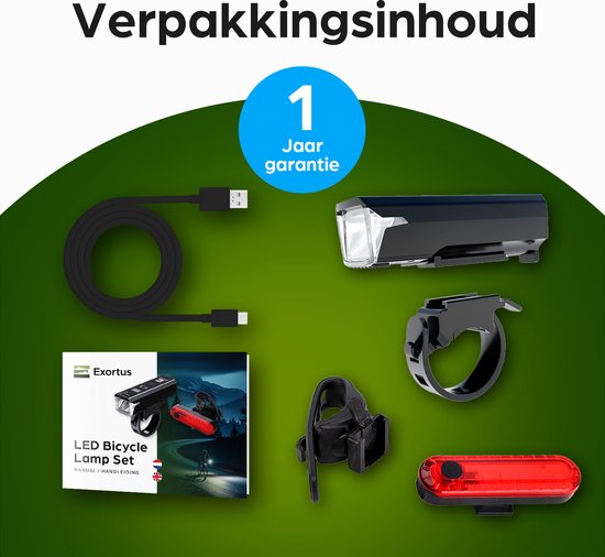 Exortus® Oplaadbare LED Fietsverlichting set - Fietslicht Set Wit En Rood – Fietslamp Geschikt Voor Elke (Race)fiets - Batterij Indicatie - Valbestendig & Waterdicht - Met licht sensormodus - Ook te gebruiken als zaklamp