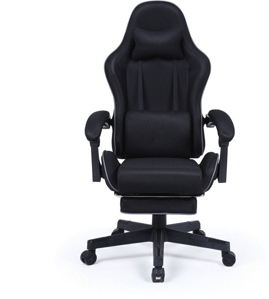 VDD Gaming - Gamestoel met massagefunctie en voetsteun - Gaming chair in de kleur Zwart - Game stoel met nekkussen & verstelbaar rugkussen - Ergonomische bureaustoel met padded armsteunen - Max draagvermogen 150 kg - Verstelbare ruggensteun