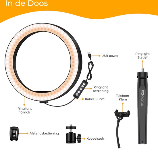 Studio ME Multi Kleuren Ringlamp met Statief - 10 inch/25 cm - RGB Lamp - Ringlight met statief - Bluetooth - Telefoonhouder - Afstandsbediening - USB - TikTok Lamp - Ring Light