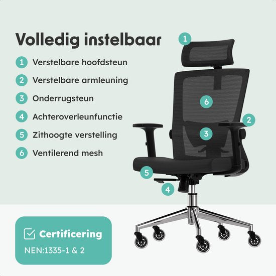 LifeGoods Ergonomische Bureaustoel - Extra Anti-Kras Wielen - NEN1335-gecertificeerd - Gamestoel - Office Chair - Volwassenen - Kantoorstoel - Zwart/Chroom