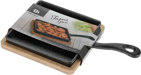 Excellent Houseware Serveerpannetje met plank - gietijzer - bamboe hout - 14 cm