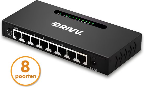 Drivv. Netwerk Switch - 8 Poorten - Internet Switch - RJ45 splitter - zwart