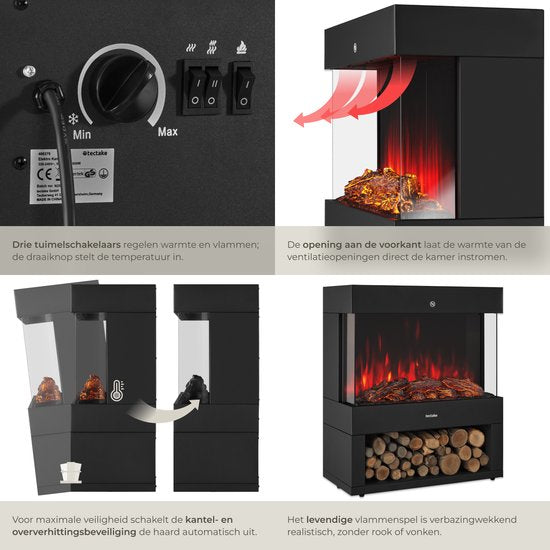 tectake® Elektrische Haard - Sfeerhaard - 900W & 1800W - Vrijstaand - Kachel - met Verwarming - Haarden - met Hout en Gloeieffecten - 3D Vlammen - Timer