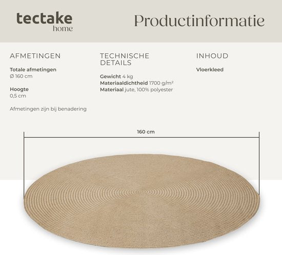 tectake® Gevlochten vloerkleed - Boho-stijl - Jute vloerkleed voor binnen en buiten - Duurzaam en onderhoudsvriendelijk - Vormvast en allergievriendelijk - Rond tapijt - Ø160 cm