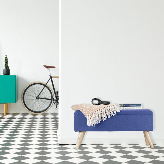 zitbank met opbergruimte - 39,5 x 79,5 x 39,5 cm - kussen - houten poten - halbank - blauw