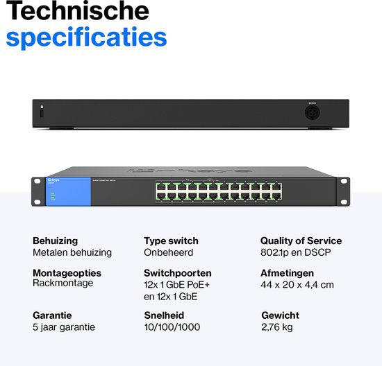Linksys LGS124P - Netwerk Switch - Unmanaged - PoE Switch - 1000 Mbps - 24-Poorten