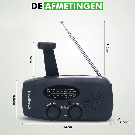 Travelhawk Noodradio - Draagbare Radio - Noodradio Solar Opwindbaar - Powerbank Zonneenergie - 2000 mAh - Zaklamp - Noodpakket - Zwart