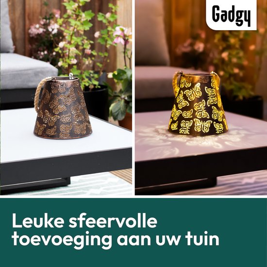 Gadgy Solar Tuinverlichting Vlinders - Tuinverlichting Led Buiten ophangen - Solar Buitenlamp Zonne Energie met Schaduweffecten - Solar Lamp Tuin, Terras & Balkon - Lantaarn voor Buiten - Lantaarn Windlicht op Zonneenergie - Brons / Goud