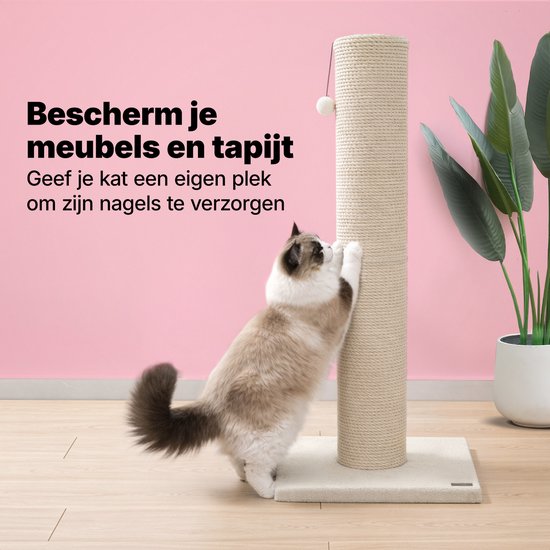 Jake and Jacky Krabpaal voor Grote Katten - Naturel/Crème - Met Speelballetje - 56x56x120 cm - Ø Sisal Krabpaal 20 cm